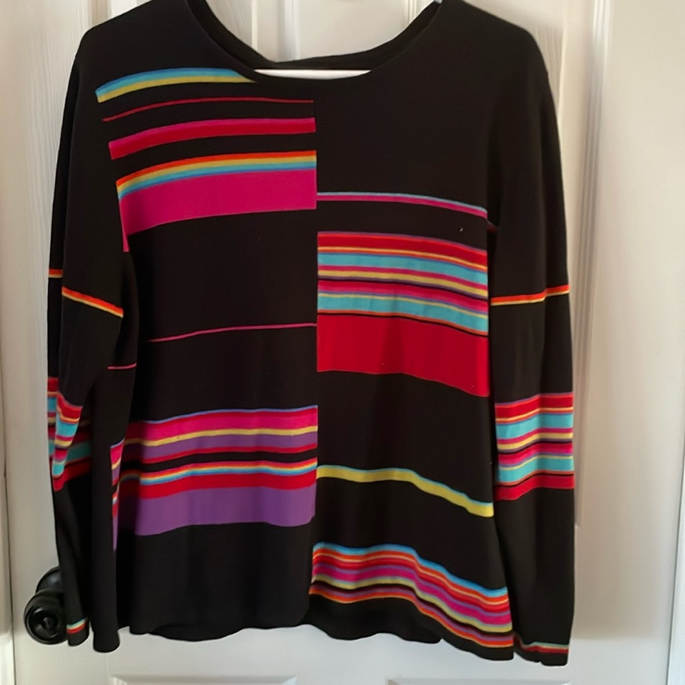 Vintage 90s Womens Plus Size 1X Sweater Acrylic Pullover Black Stripe Colorblock